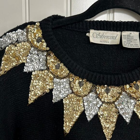 Vintage Silvercord Silk Angora Beaded Sequin Sweater Metallic Sunburst Size M - Picture 8 of 13